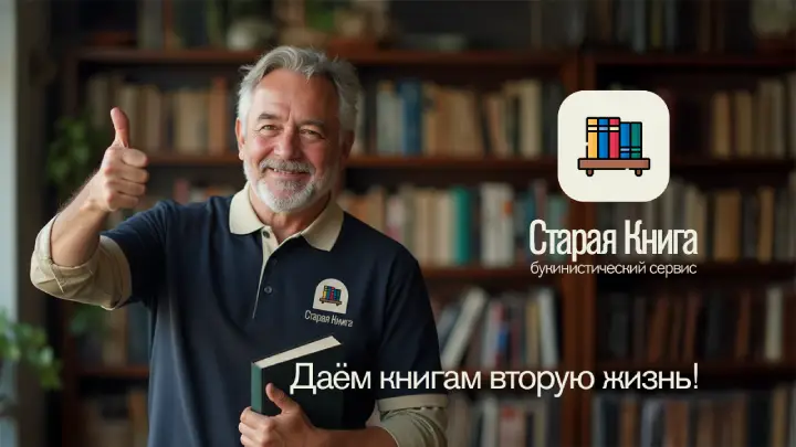 Старая Книга — букинистический сервис Пожилой мужчина с книгой показывает палец вверх на фоне книжных полок. Логотип «Старая Книга» — букинистический сервис. Слоган: «Даём книгам вторую жизнь!»